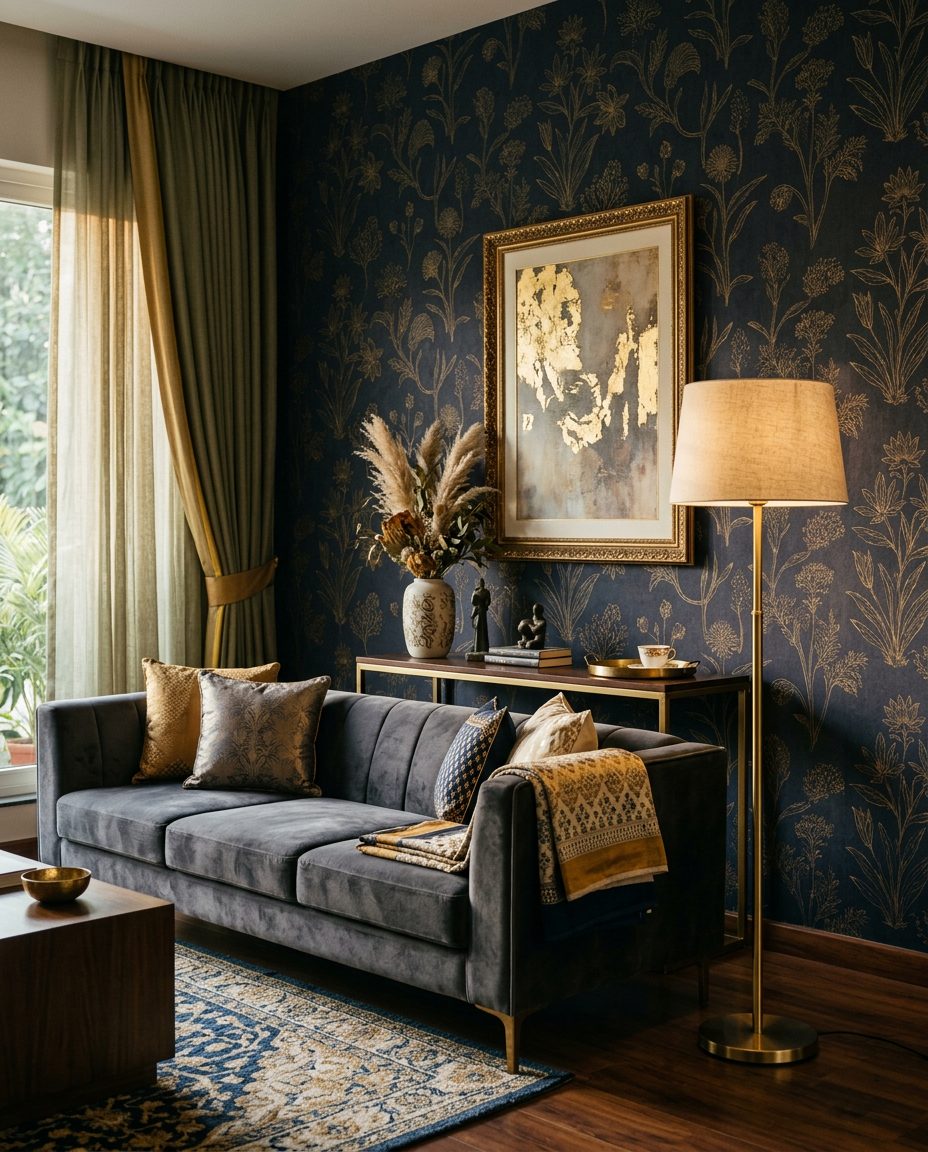 Designer wallpaper feature wall in a Delhi living room